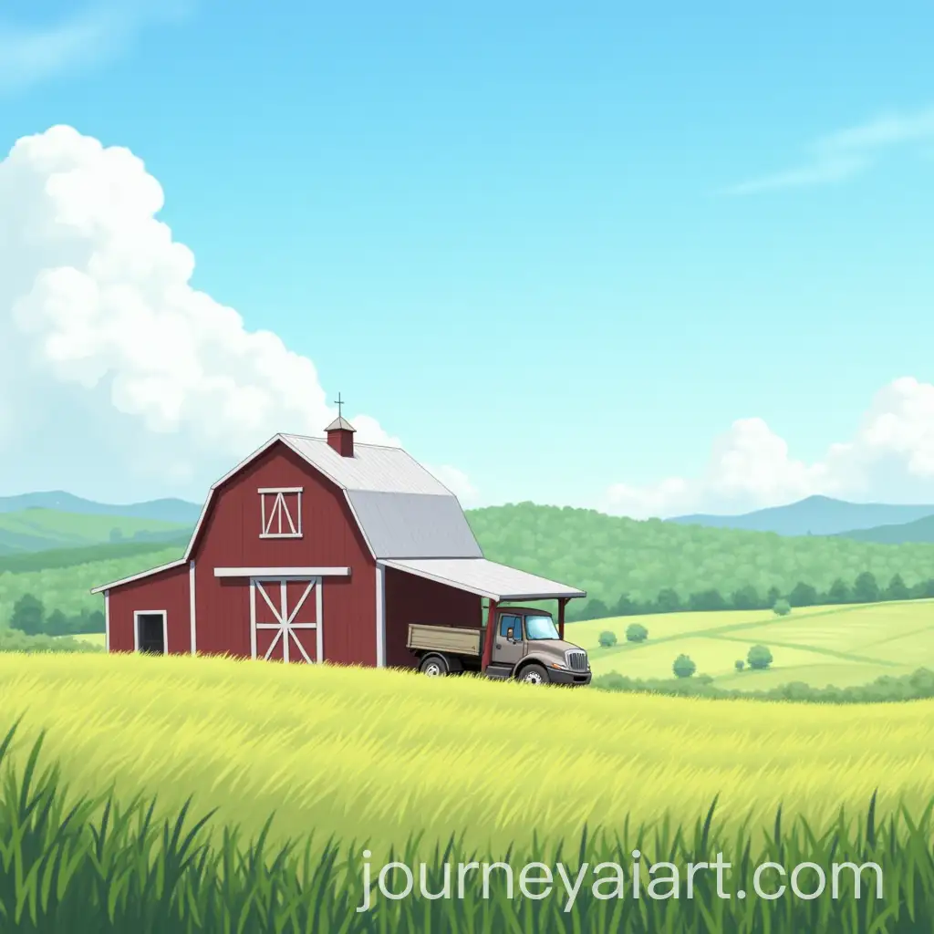 Anime-Barn-in-Serene-Countryside-with-Parked-Truck-and-Rolling-Fields