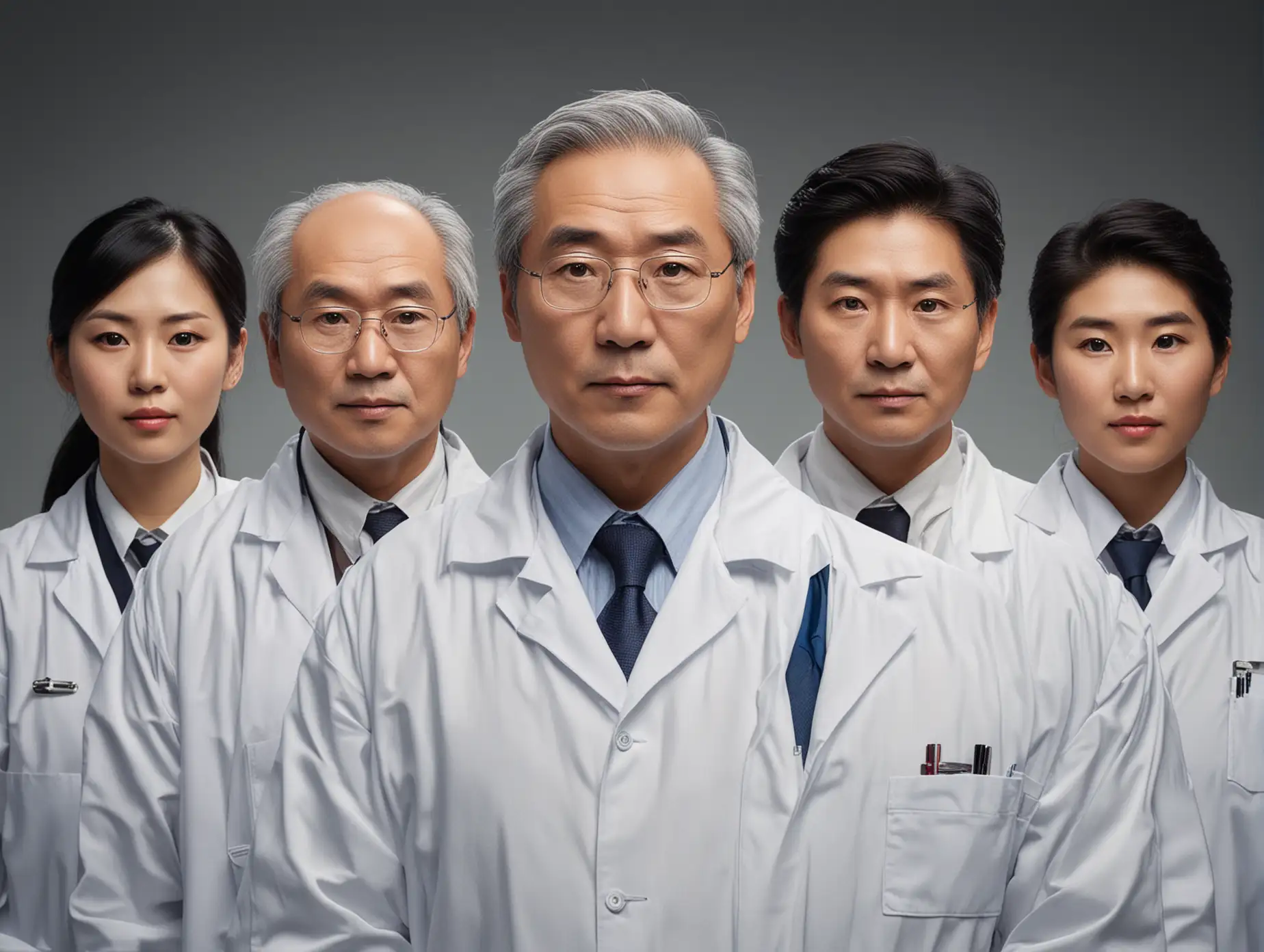 user_prompt: Generate an image with 5 doctors, older ones at the front, varied distances to create perspective, triangular formation, East Asian facial features, all as half-body, wearing white lab coats, facing upward camera