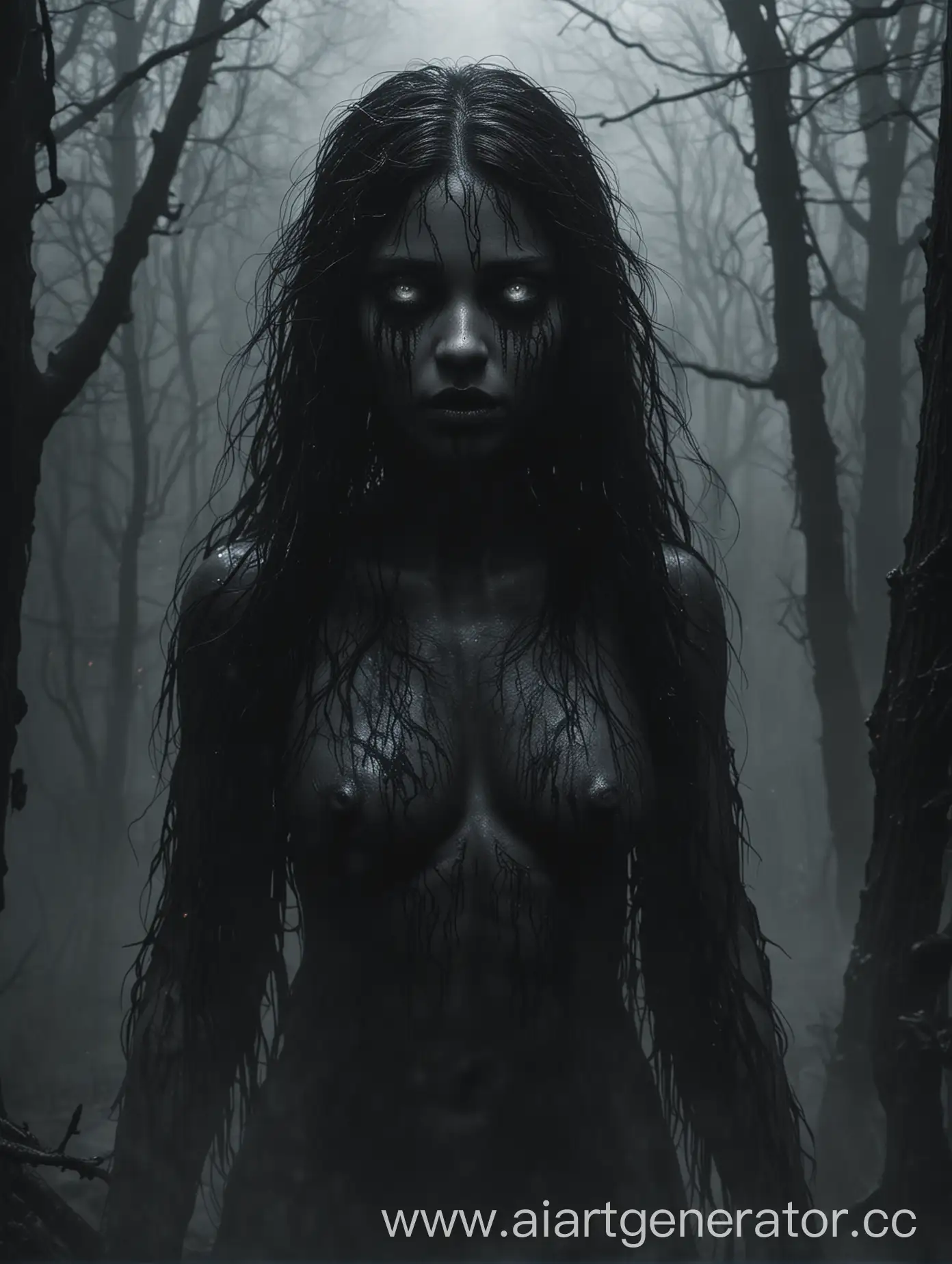 Dark-Elemental-Woman-Covered-in-Black-Fog-in-Dimly-Lit-Purgatory