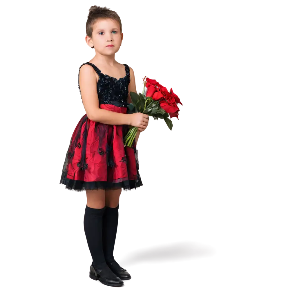 Young-Boy-Holding-a-Flower-in-a-Stunning-Red-and-Black-Dress-PNG-Image-for-Optimal-Clarity