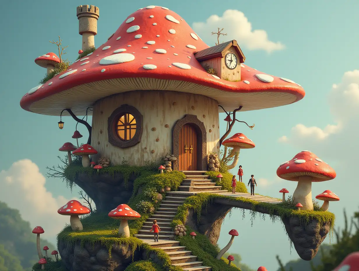 A magical floating mushroom house with tiny people on giant steps and bridge, clocks and mushrooms and tiny people art