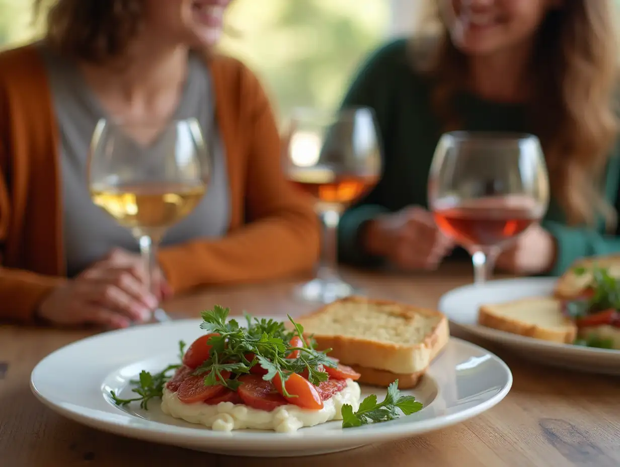 table with food and wine. couple having fun on the background