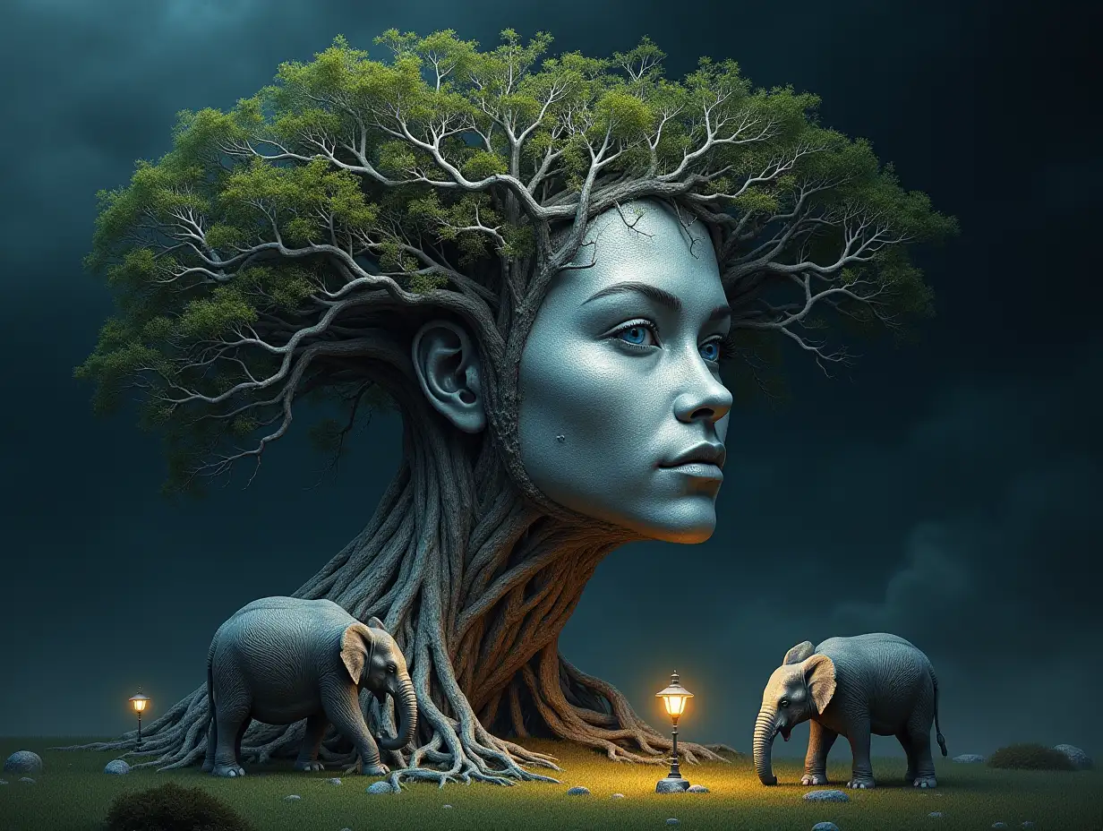 Creating a digital painting of a face with hair, that turns into a building with silver stones and lit up trees with roots and lamps and strange Elephant creatures on a lawn