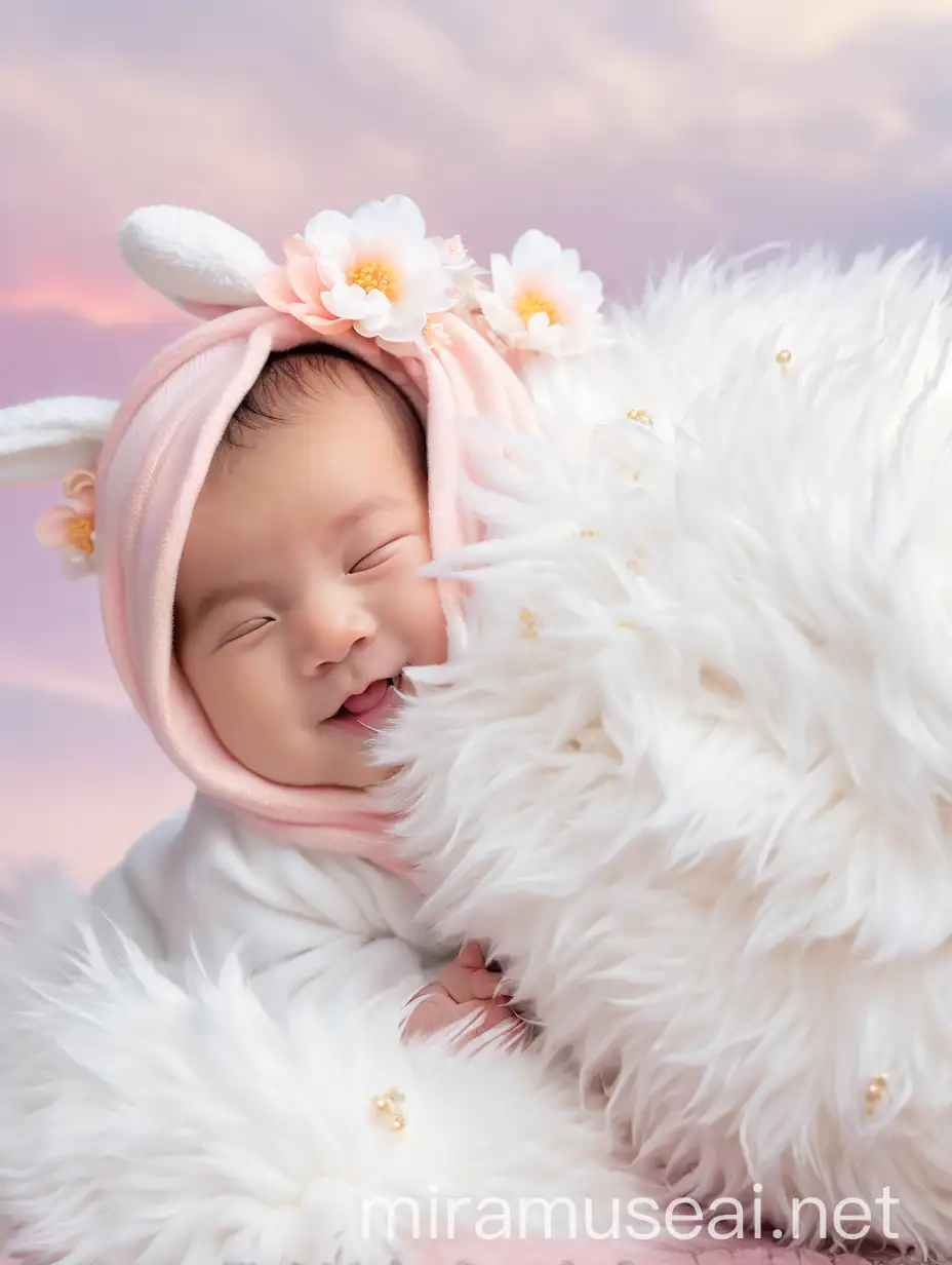 Newborn Baby Girl in Chinese Fluffy Rabbit Hat with Fantasy Oriental Flowers and Sunset Background