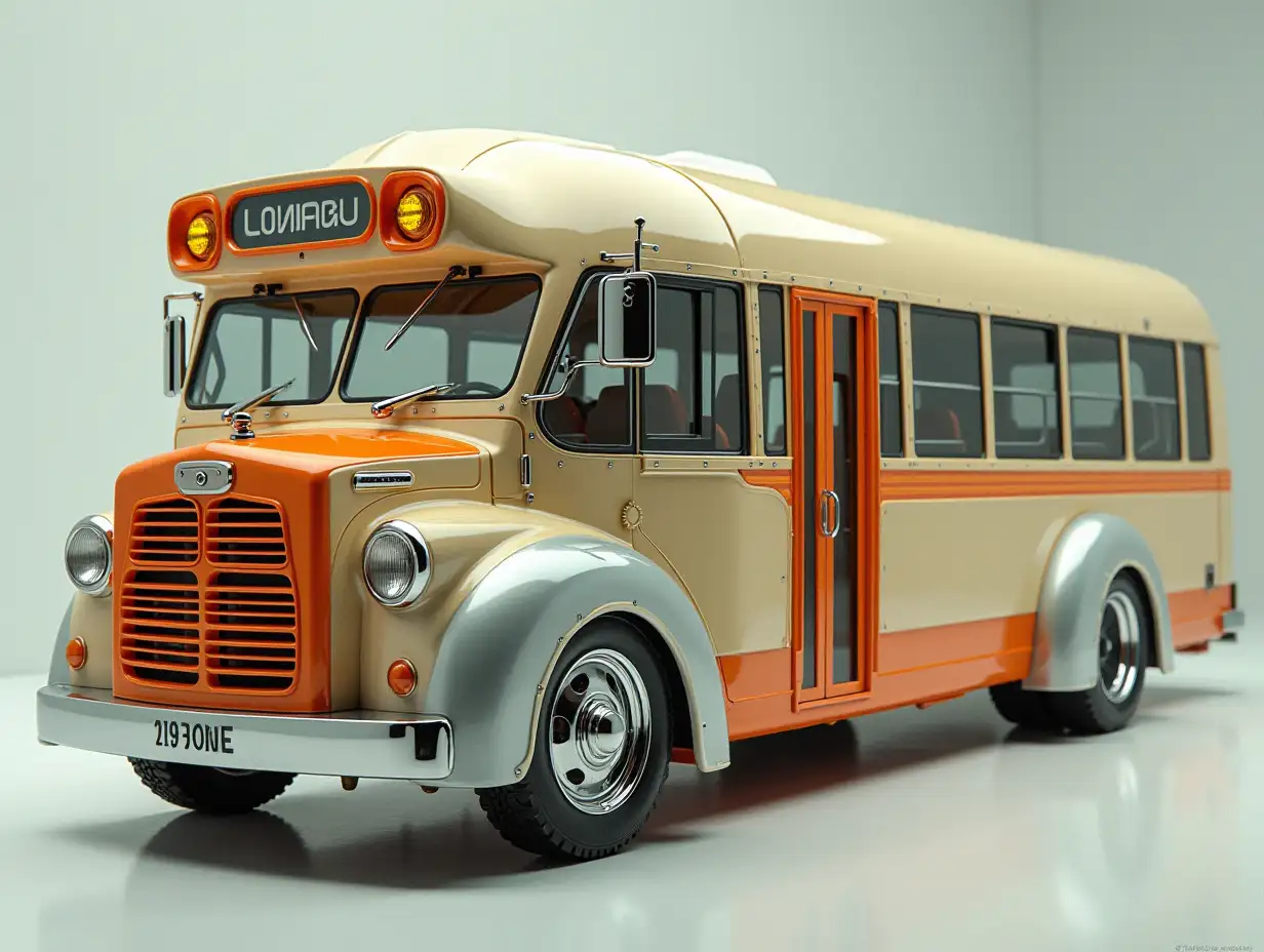 A supermodern utopian omnibus with, lowered, aluminum wheels, cream, orange and silver colors, Cyberpunk