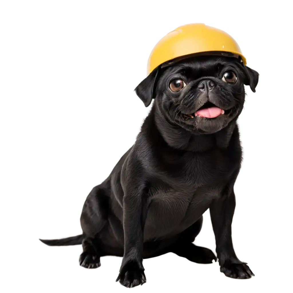 Premium-PNG-Image-Black-Pug-Smiling-with-Yellow-Helmet