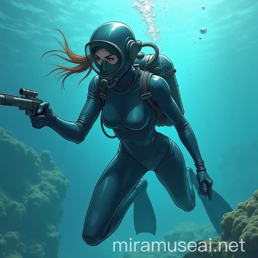 Agile Assassin Diver in Glossy Bodysuit Underwater