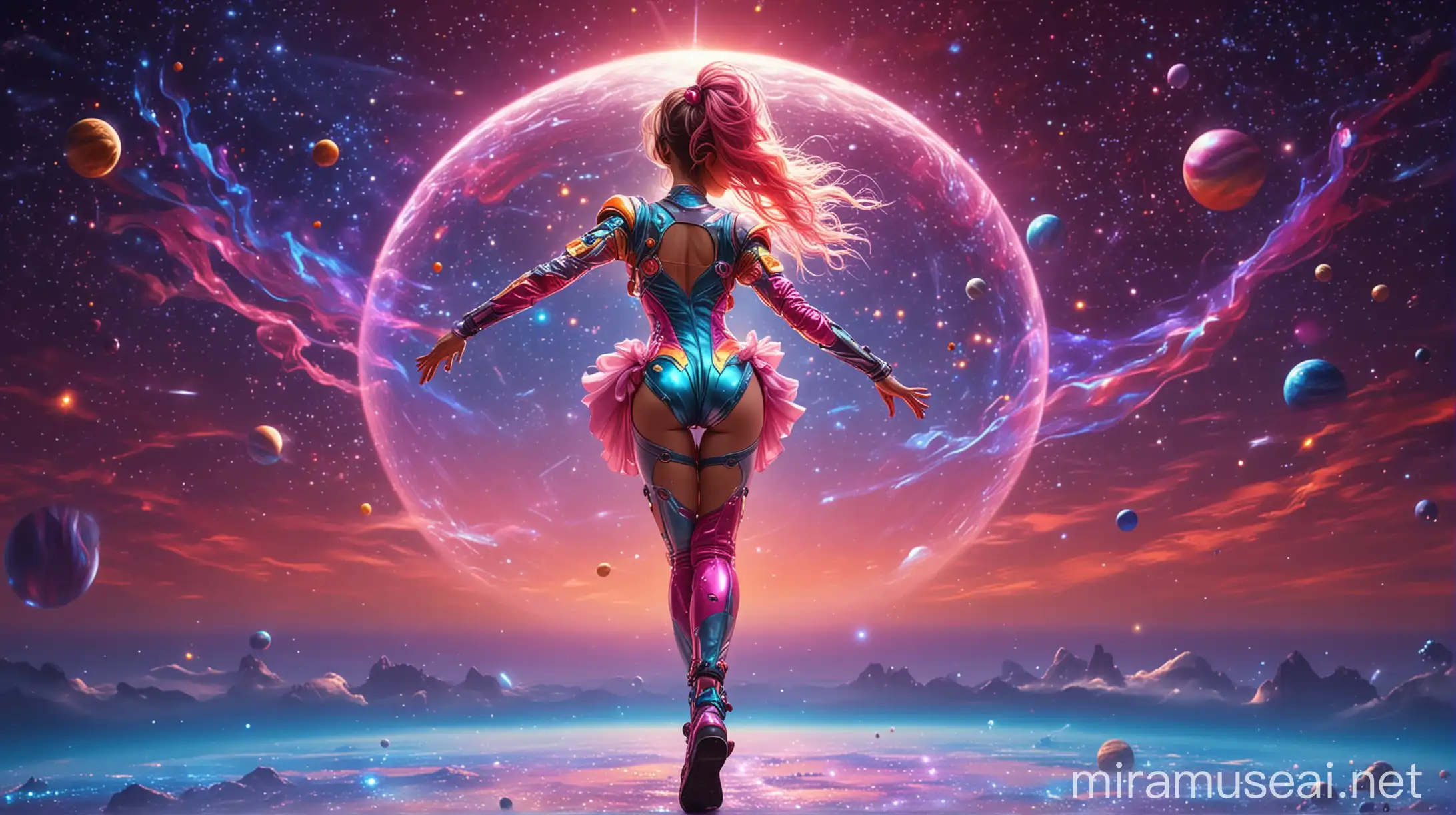 Fitness Woman in Futuristic Dance Against a Colorful Night Sky