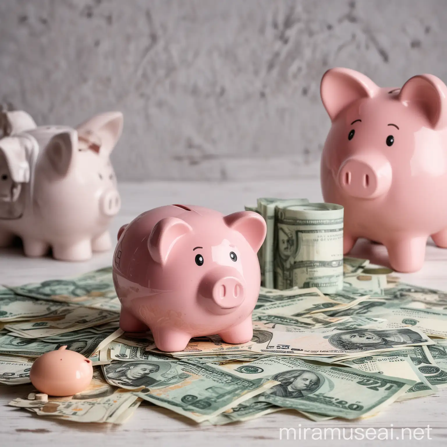 Financial Planning with Money and Piggy Bank in Foreground