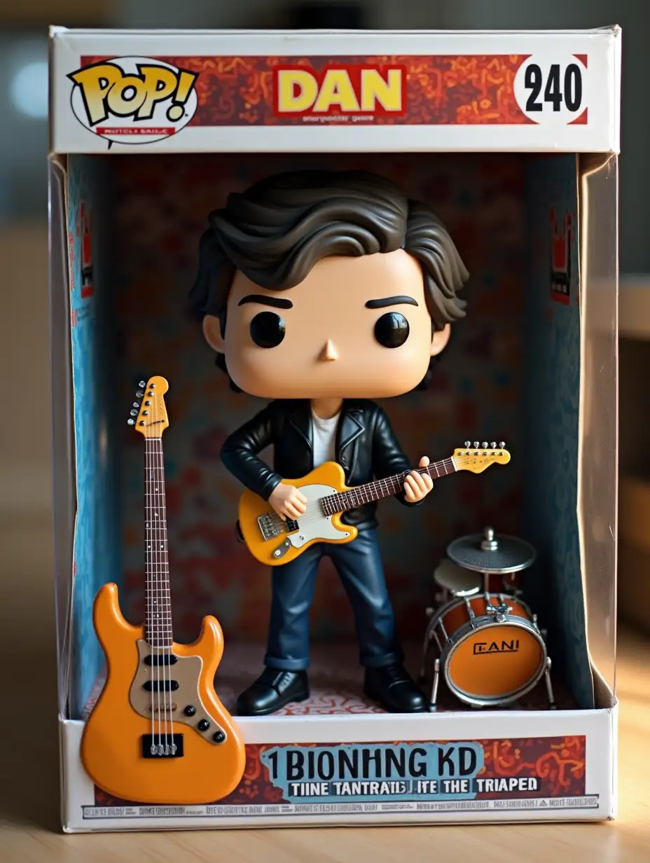 Create a photorealistic collectible figurine of the person in the photo. The figure should be full-length and placed in a transparent plastic box with a colorful cardboard background, like real collectible toys. Make the packaging as realistic as possible - shiny plastic, sections for objects and a design in the style of a toy store. Write the brand [DAN] on the box. The background of the packaging will have an atmosphere:[Music - is the vibration of the soul, transmitted by sound]. Place the accessories next to the figure: [guitar, bass guitar, drum kit, capadaster]. Make a figure in the style of [Funko Pop].