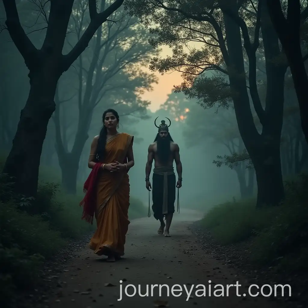 Indian-Woman-PleadingAI-Art-Prompt-Expansion-with-Yama-on-a-Twilight-Forest-Path