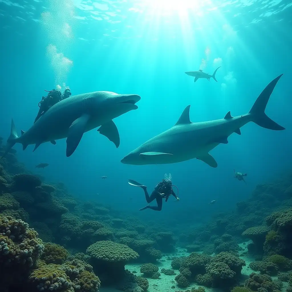 A group of people is scuba diving in the warm, clear waters of the Paleogene era, surrounded by ancient marine life. Protocetids, the early ancestors of whales, swim nearby with their semi-aquatic bodies. Primitive sharks glide through the water, patrolling the area and passing schools of fish. Below, the divers explore a reef filled with primitive corals, where giant mollusks and large crustaceans rest on the seafloor. Sunlight filters through the water, illuminating the vibrant and evolving ocean, teeming with life that is still adapting after the extinction of the dinosaurs.