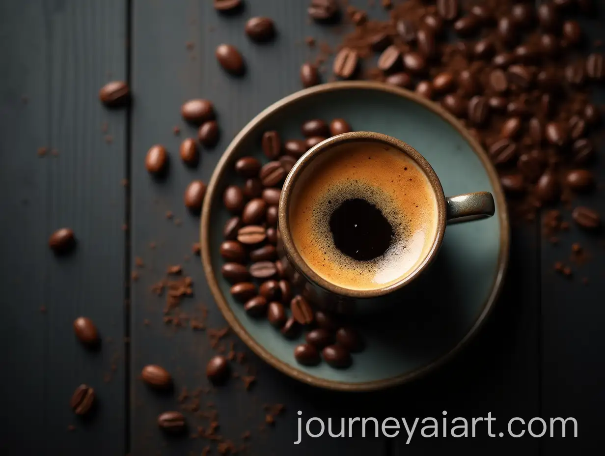 Aerial-View-of-Espresso-Shot-with-Coffee-Bean-Arrangement-and-Dark-Wood-Background