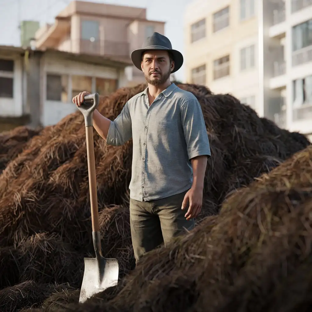 Kolkoznik-with-Hoe-Standing-Next-to-Manure-Pile-in-Agricultural-Field