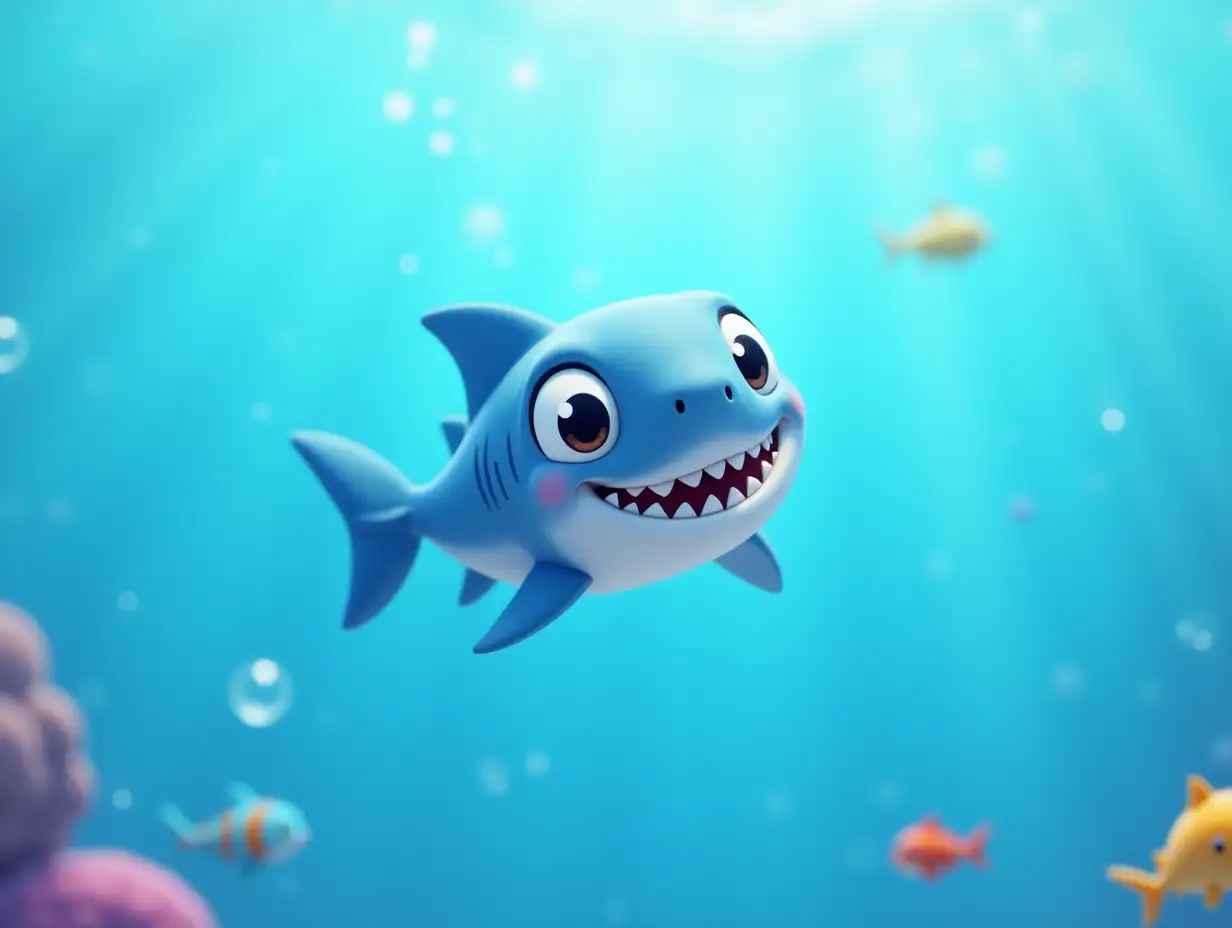 A small, cartoonish baby shark swimming in clear blue water. It's a light blue shark with big, innocent eyes and tiny fins. Colorful fish swim around it, and bubbles rise to the surface. The water is bright and cheerful, sparkling with light rays, 3D Pixar animation style.