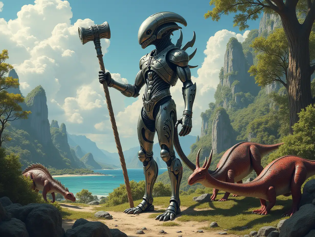 Hyperrealistic portrait of a gpanzerter metal alien king 10 meters tall with a hammer in his hand on an island with many dinosaurs that are intricately detailed and colorfully set against a backdrop of a lush forested planet