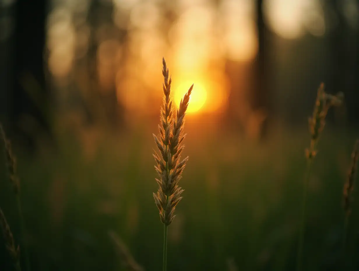 Wild grass in the forest at sunset. Macro image, shallow depth of field. Abstract summer nature background. Vintage filter