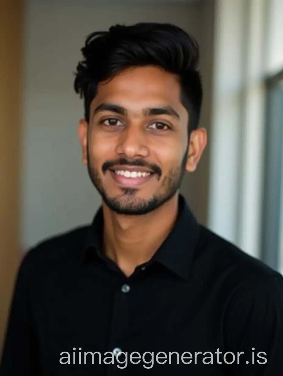 A 20-year-old Indian man in a black shirt poses for a LinkedIn profile photo with a neutral expression, professional backdrop.