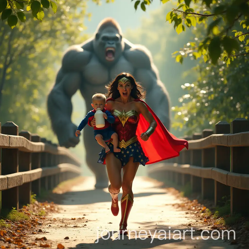 Wonder-Woman-Running-on-Bridge-with-Baby-Superman-While-Being-Chased-by-Giant-Gorilla