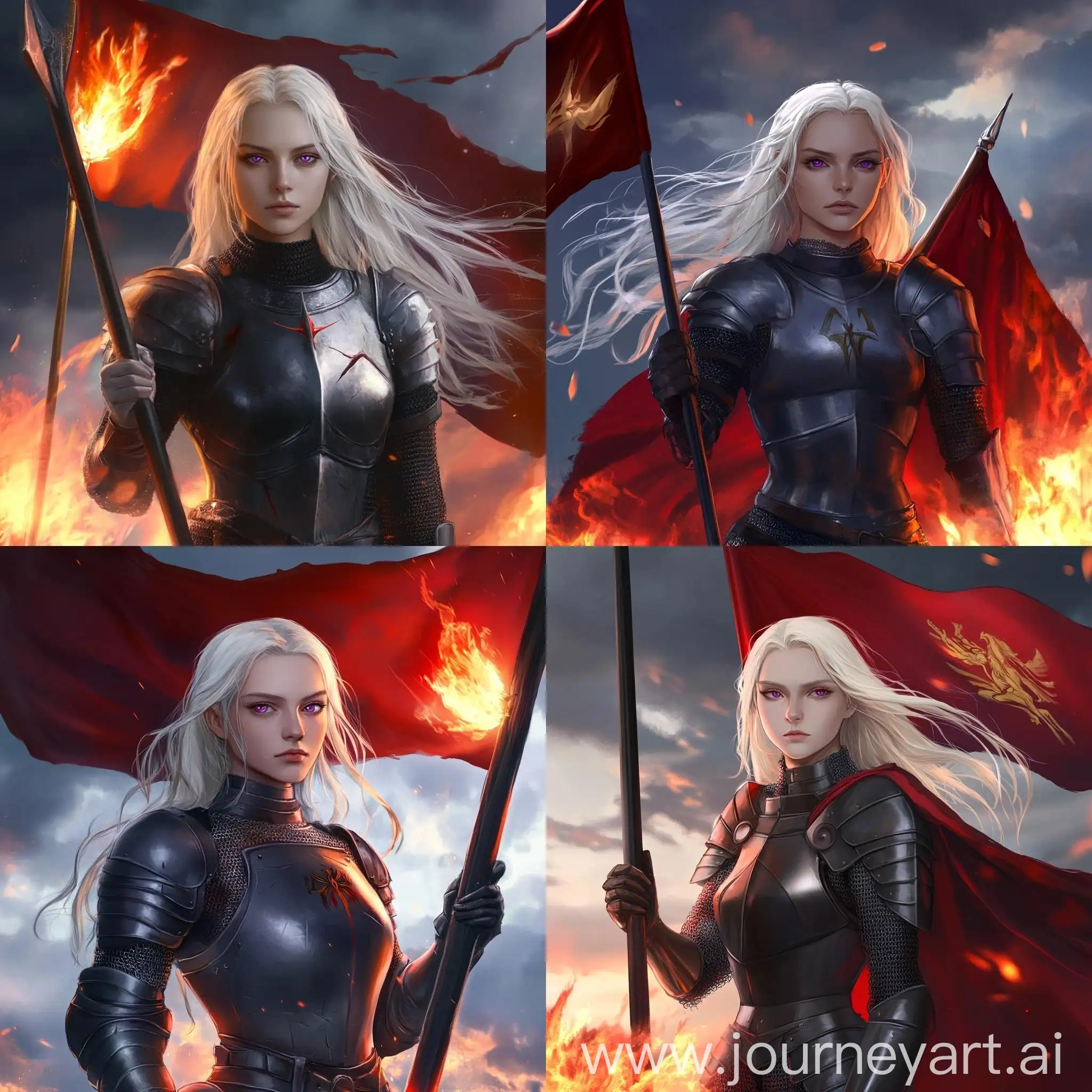 Warrior-Woman-in-Armor-with-Fire-and-Flag