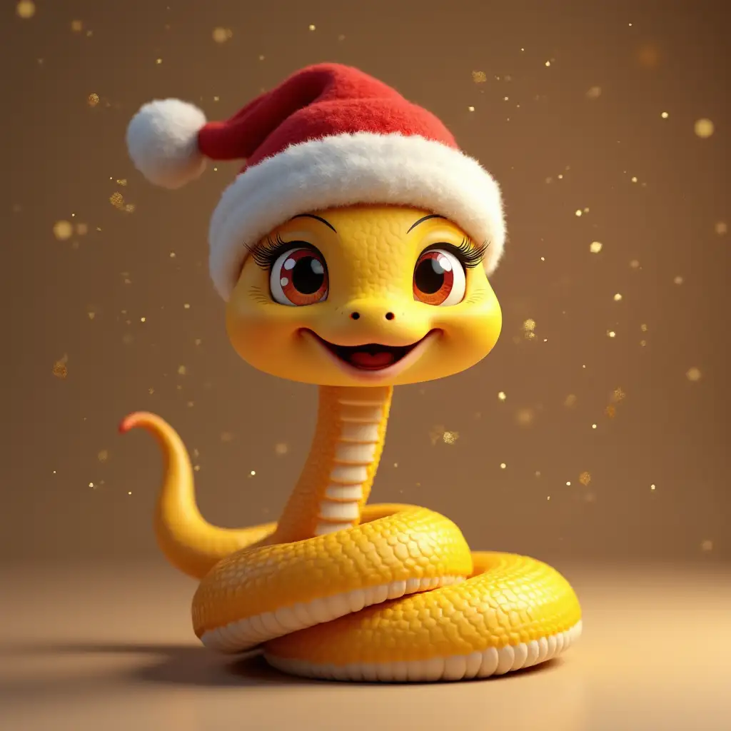 Sweet happy, cartoon snake with expressive eyes and eyelashes peeks out of a beautiful golden new year's horn, on the snake is a Santa hat, 3D, HD, masterpiece