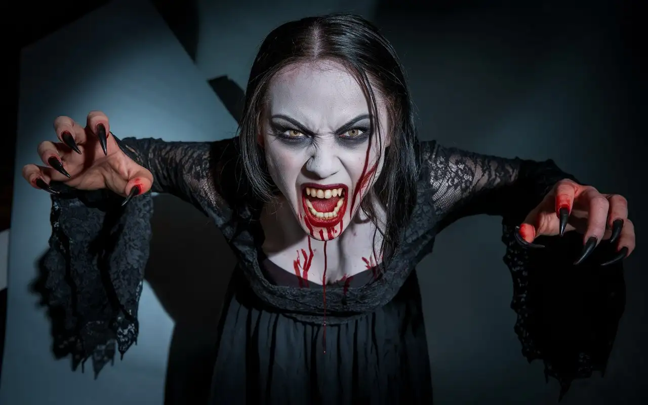 Aggressive-Vampire-Woman-in-Dark-Gothic-Setting-with-Bloodstained-Appearance