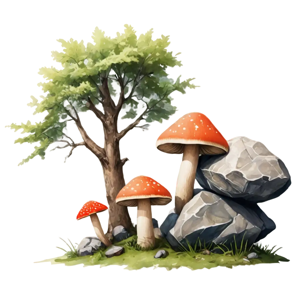 HighQuality-PNG-Illustration-of-Mushroom-Tree-and-Stone-for-Versatile-Digital-Use