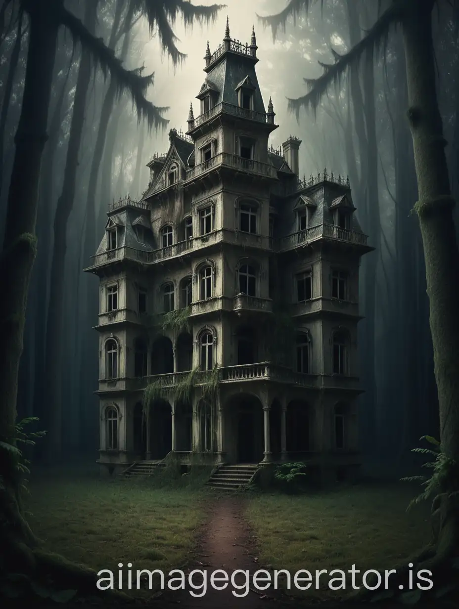 deserted house resembles old palace surrounded by mystery in the middle of thick forest in front of it small hour hand on the ground