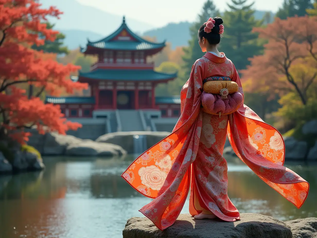 Japanese princess wearing a colorful kimono standing on a rock in a palace 4K resolution Vibrant