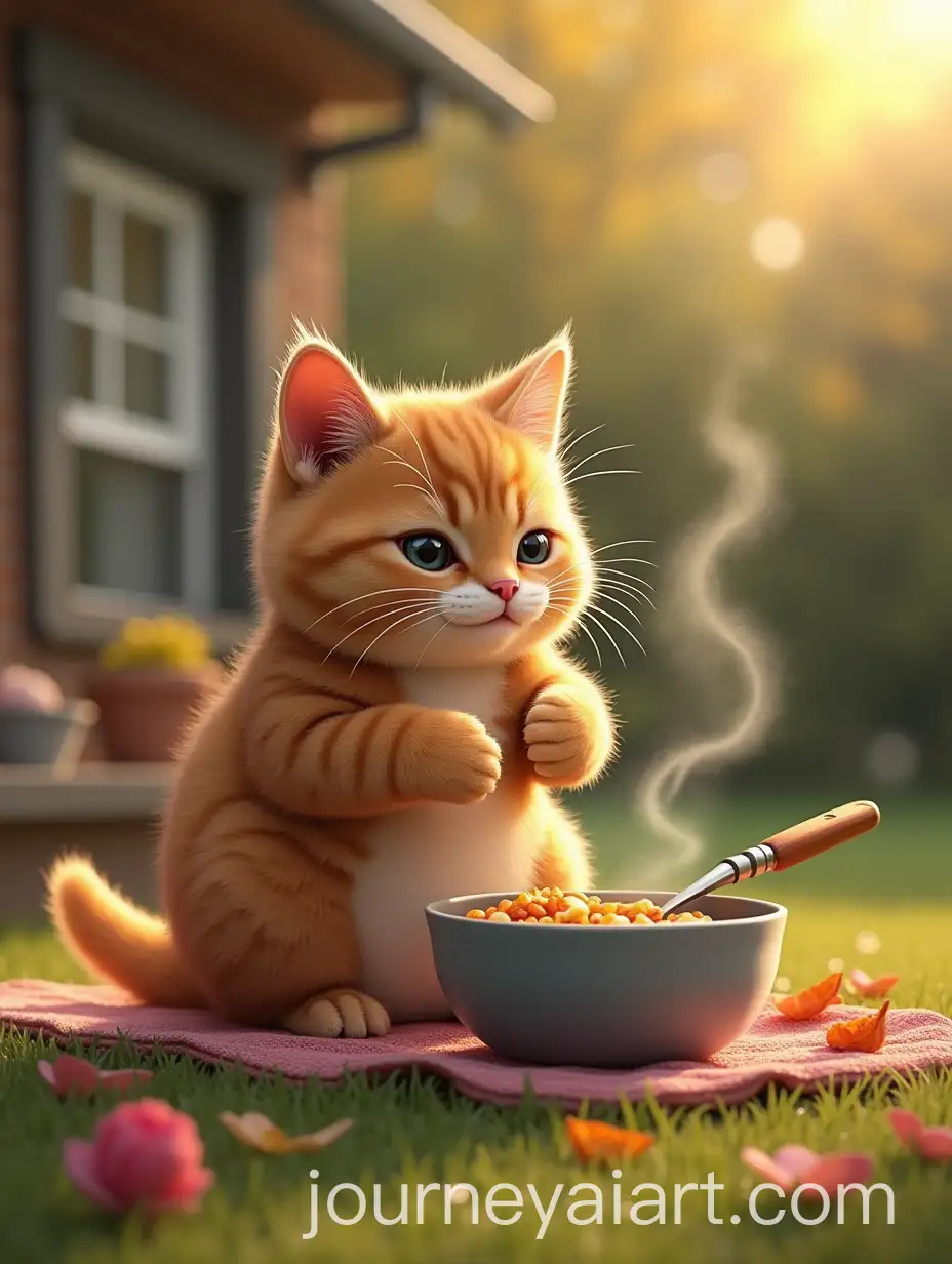 Chubby-Cat-Cooking-Breakfast-for-Her-Child-in-a-Sunny-Backyard