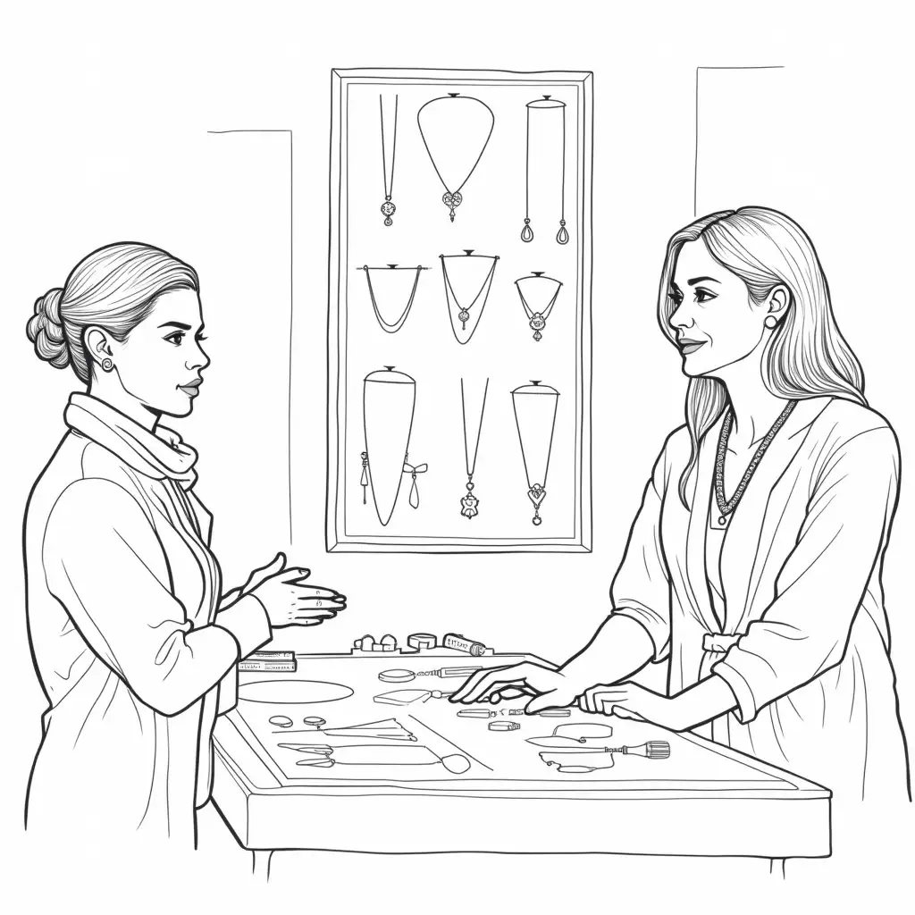 Detailed Black and White Jewelry Store Scene Featuring Customers Wearing Jewelry