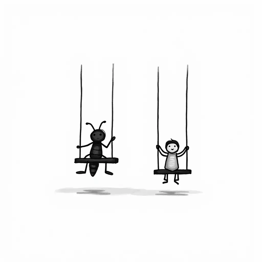 Child-and-Wasp-Swinging-Together-in-Minimalist-Black-and-White-Illustration