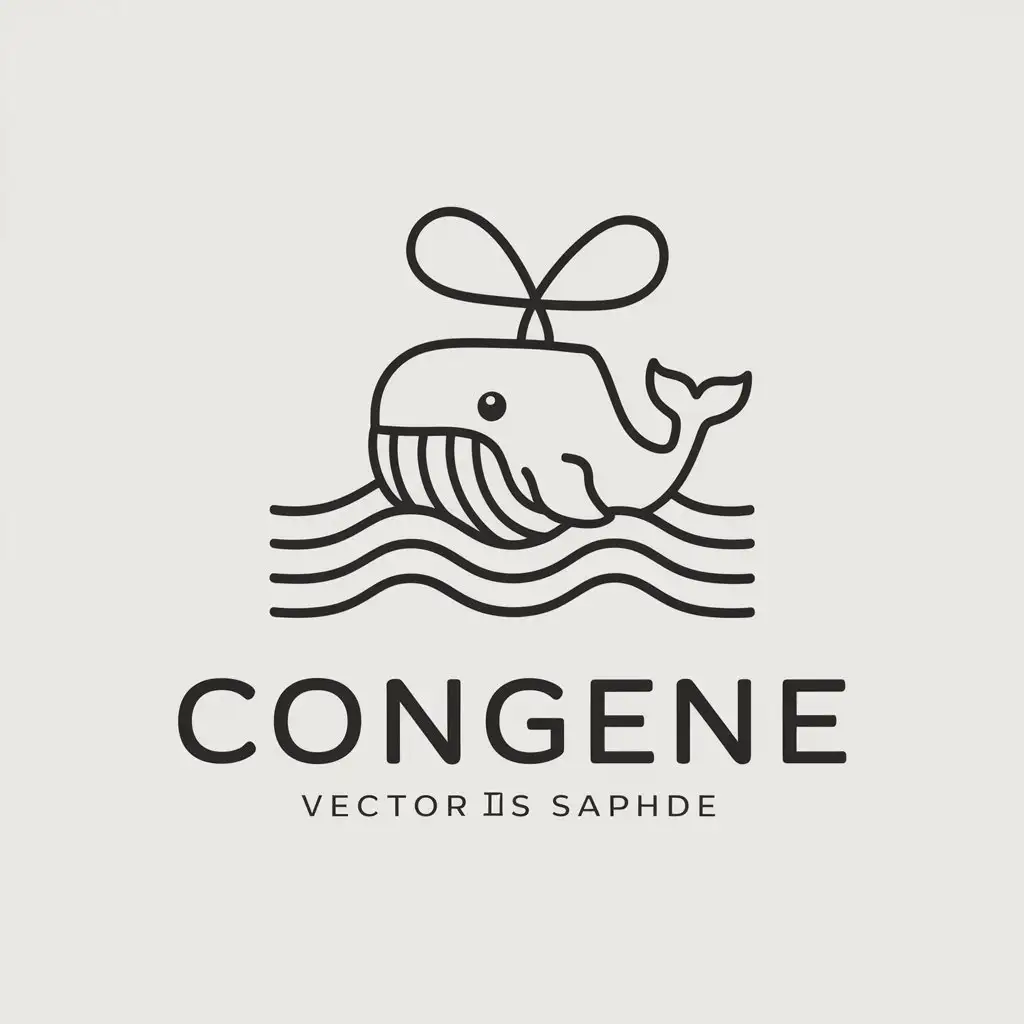 a vector logo design,with the text "congene", main symbol:A cute whale is surfing on the sea, the waves are big, the whole logo is simple but not simple, the whale spouts not water but like infinity and like dna,Minimalistic,clear background