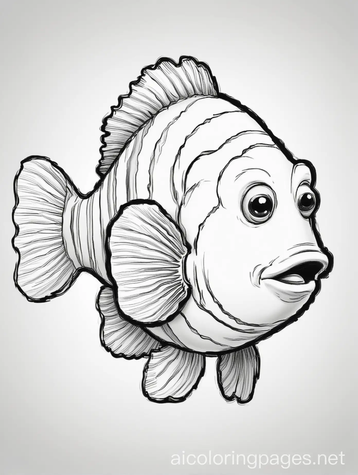 simple clown fish image for colouring book , Coloring Page, black and white, line art, white background, Simplicity, Ample White Space. The background of the coloring page is plain white to make it easy for young children to color within the lines. The outlines of all the subjects are easy to distinguish, making it simple for kids to color without too much difficulty