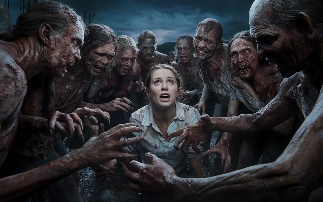 Terrifying-Zombie-Crowd-Attacks-Defenseless-Woman-in-Gloomy-Night-Scene