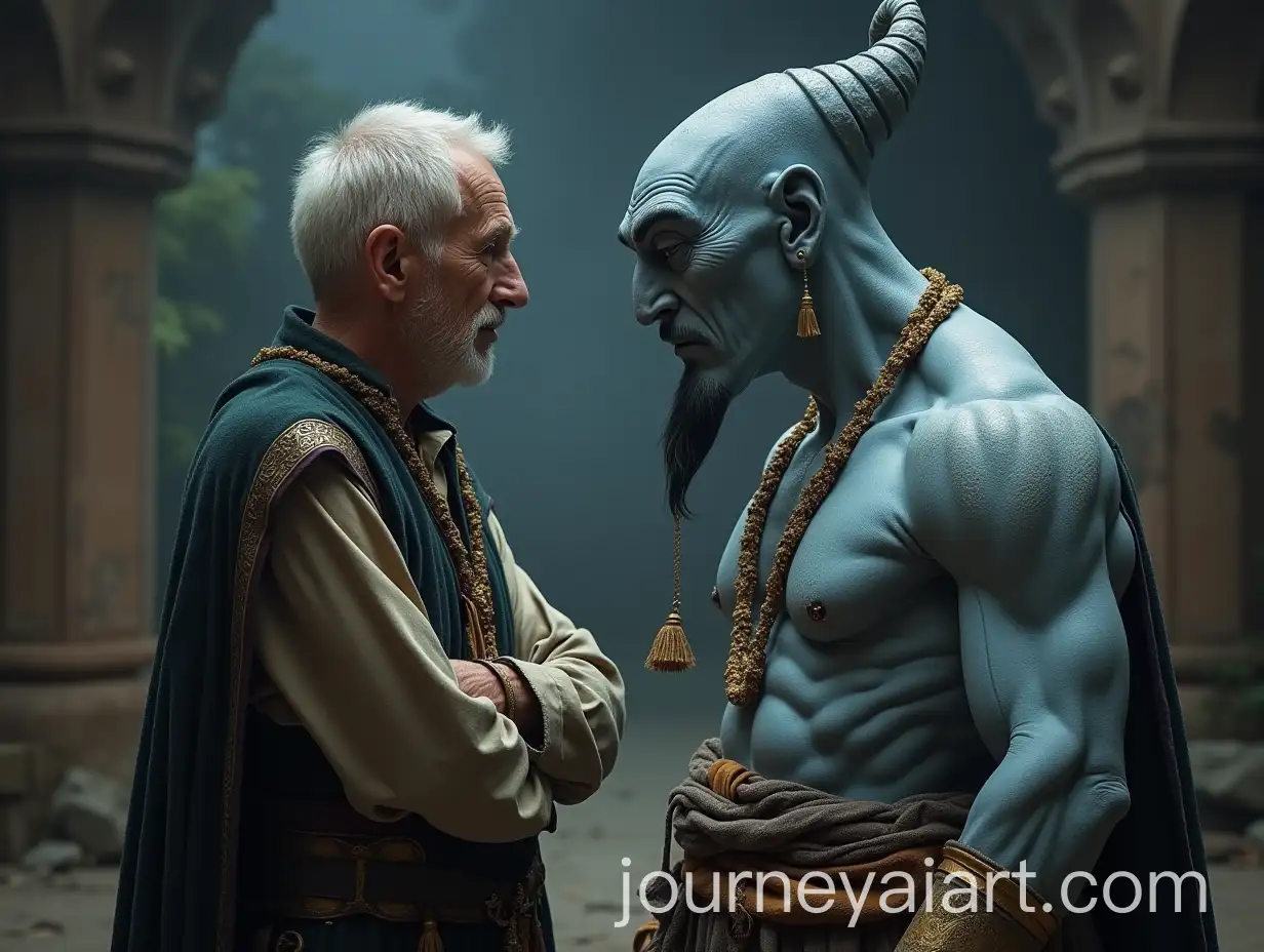 60YearOld-Man-Facing-a-Giant-Grey-Genie-in-Arabian-Nights-Attire