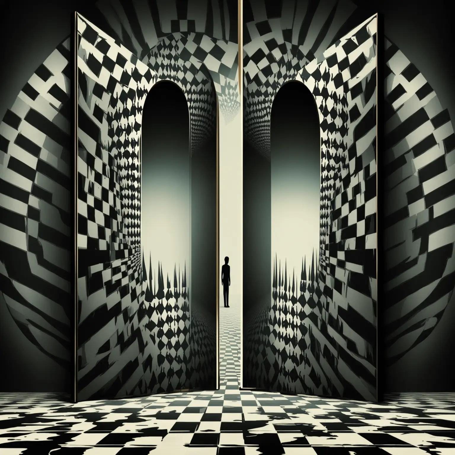 Surrealist Human Separation with Optical Illusions in Dark Colors and Mirrors