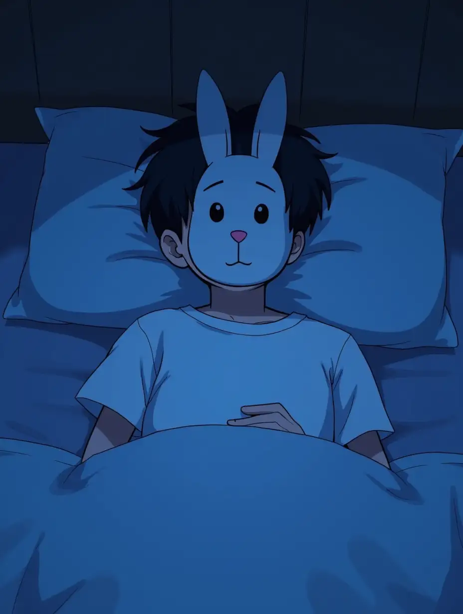 A boy in a white t-shirt is laying in his bed in the night. He has a mask of a rabbit on his face. Anime style.