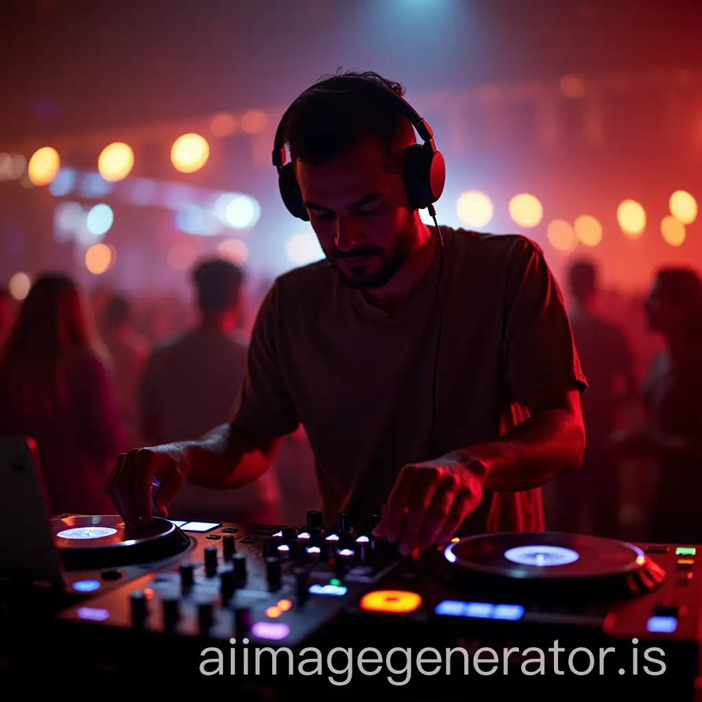 dj playing in an outdoor event in club at night . Soft light look Middle Eastern
