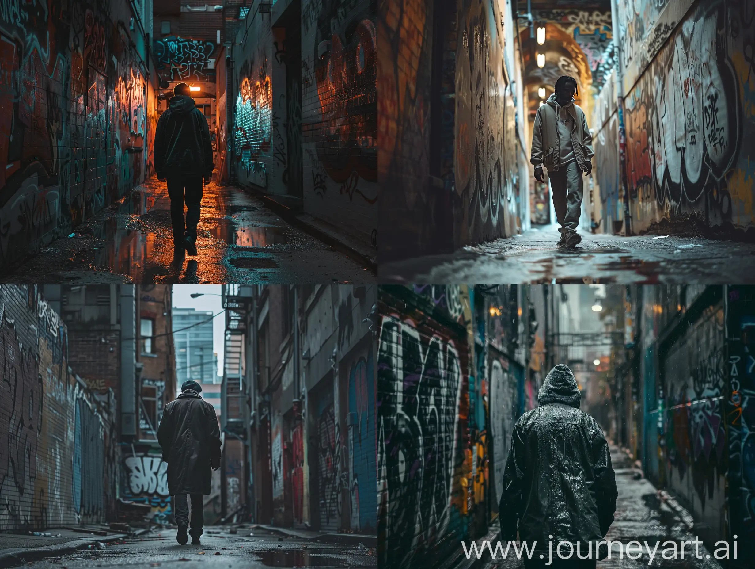 Urban-Noir-Man-Walking-Through-GraffitiCovered-Alleyway