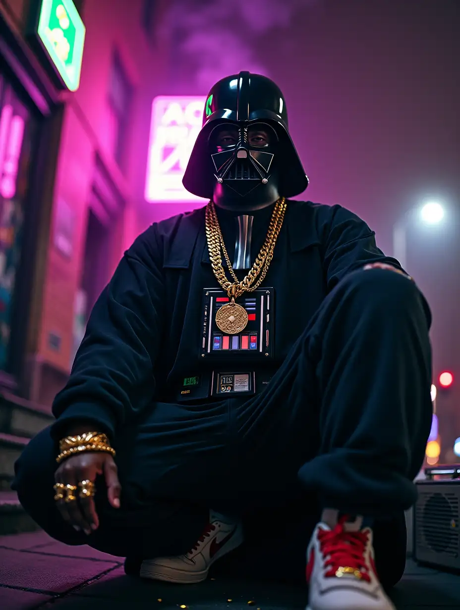 hyper-detailed portrait of Darth Vader reimagined as a 90s hip-hop icon, wearing baggy Coogi sweater and gold chains, Brooklyn brownstone backdrop, neon signs, grainy VHS aesthetic, Biggie Smalls-inspired pose, film grain, cinematic lighting with purple and teal highlights, heavy shadows, fisheye lens effect, graffiti wall texture, vintage boombox, cigarette smoke wisps, chunky gold rings, swagger pose, vintage Nike Air Force Ones, retrowave aesthetic, chromatic aberration, shallow depth of field, urban night scene, dramatic rim lighting, high contrast, nostalgic color grading