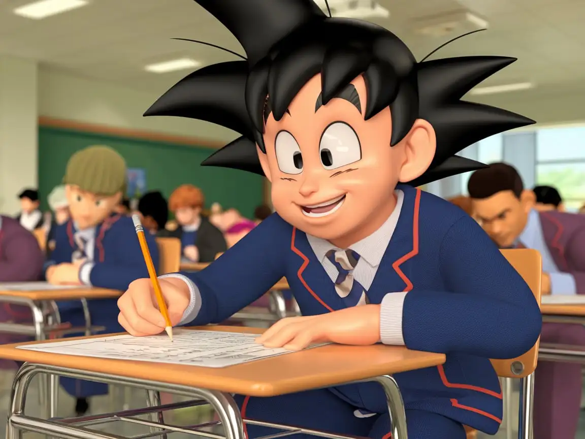 Pixar style, CG, high res, Goku in the high school, Goku wearing school uniform, sitting on chair, Goku was happy expressive, Goku holding pencil and handwriting, looking at test paper on table, multiple people, medium shot, full-body shot, at the classroom