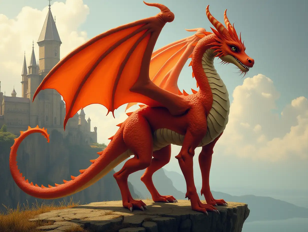 A beautiful woman/dragon hybrid, orange and red skin, mid-size breasts, long tail, folded wings, digitigrade legs. She should be standing on the side of a cliff overlooking a fantasy castle.