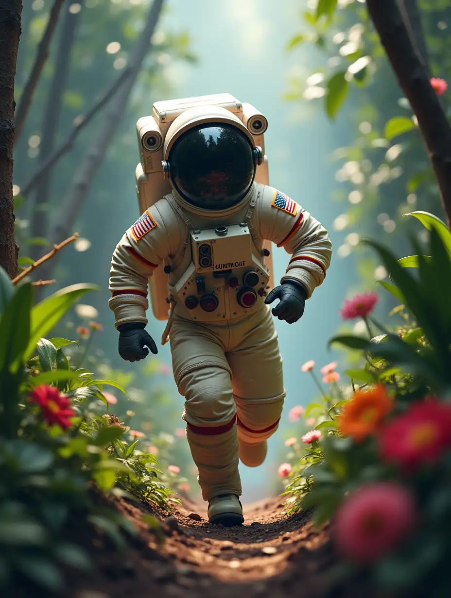 An realistic astronaut runs through a colorful jungle.