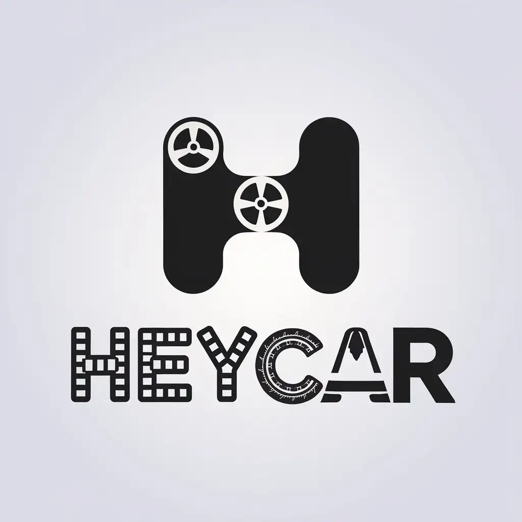 a vector logo design,with the text "HeyCar", main symbol:logo shape is HeyCar, need to have car elements on the letters, show a car element on one of the letters, such as steering wheel, tire, track, simple recognizability high, do not want patterns,Minimalistic,be used in Automotive industry,clear background