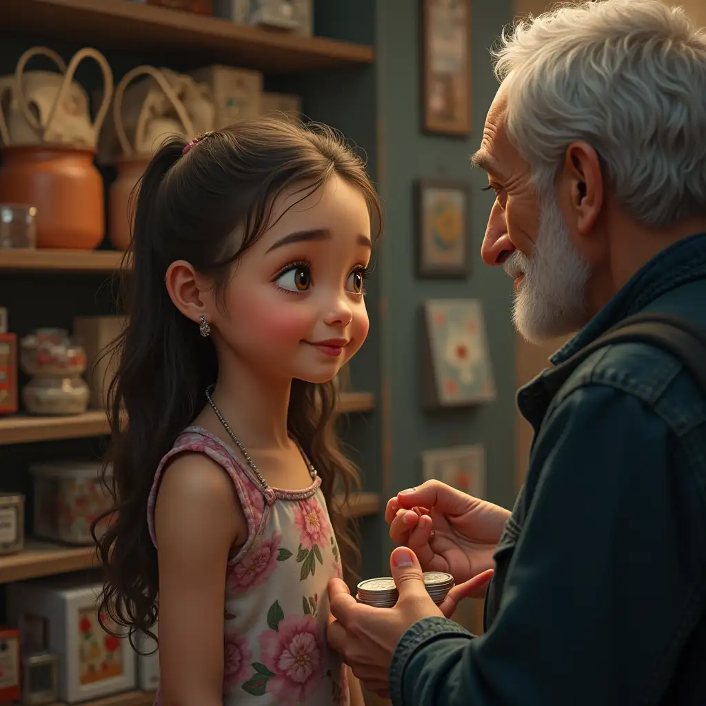 Lily and young beautiful girl with beautiful eyes and soft smooth skin in a thrift shop giving a few coins to the an old man with grey hair at the chashier space