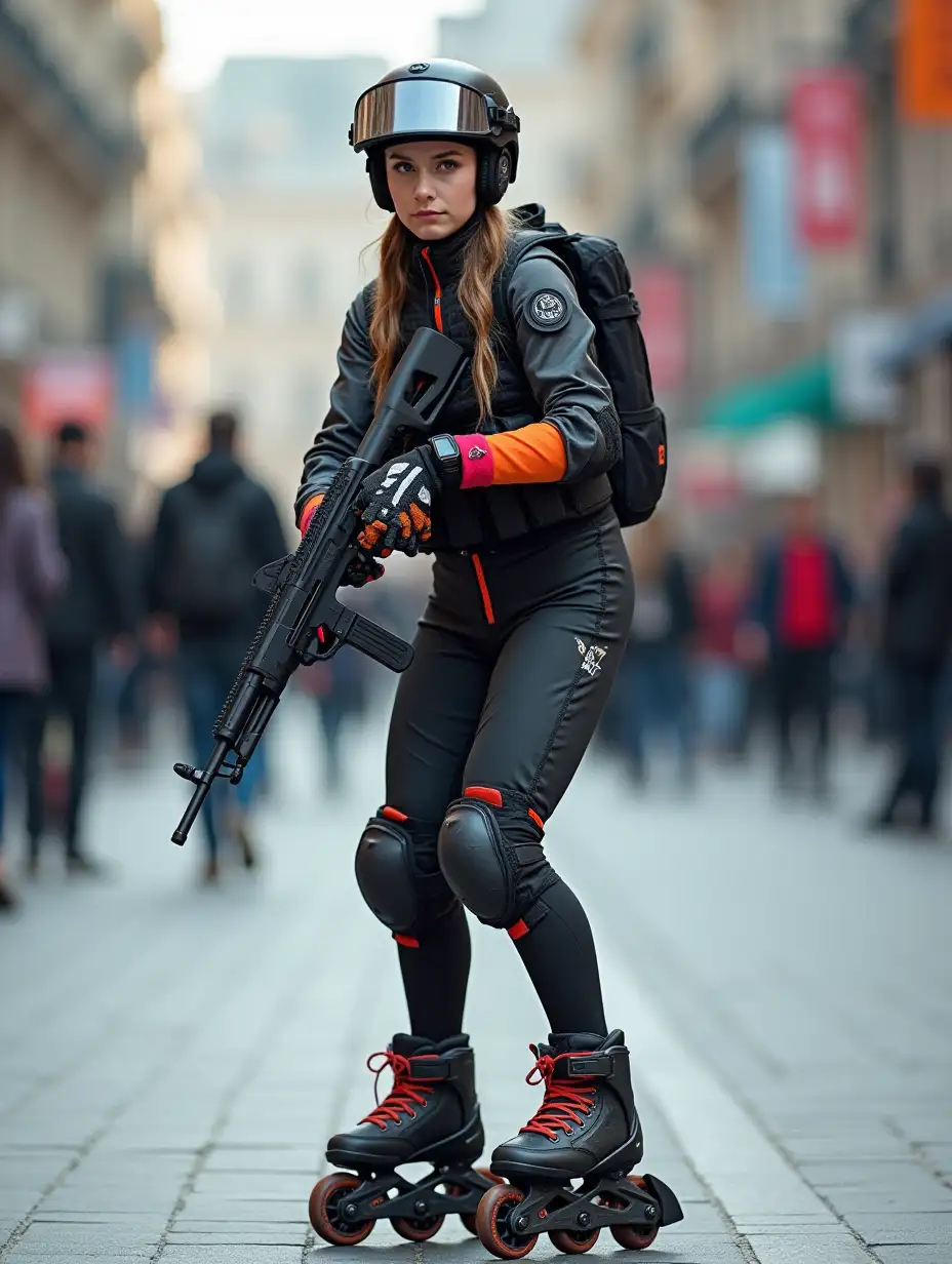 a 17 year old airsoft geared woman at a distance, she is skating on a street, holding a weapon, ordinary people in background, clothes have racing colors, she is wearing lots of functional sportswear, cycling gloves, airsoft helmet with transparent visor over eyes, smartwatch, thick plastic knee pads, modern inline skates with complete organized wheels