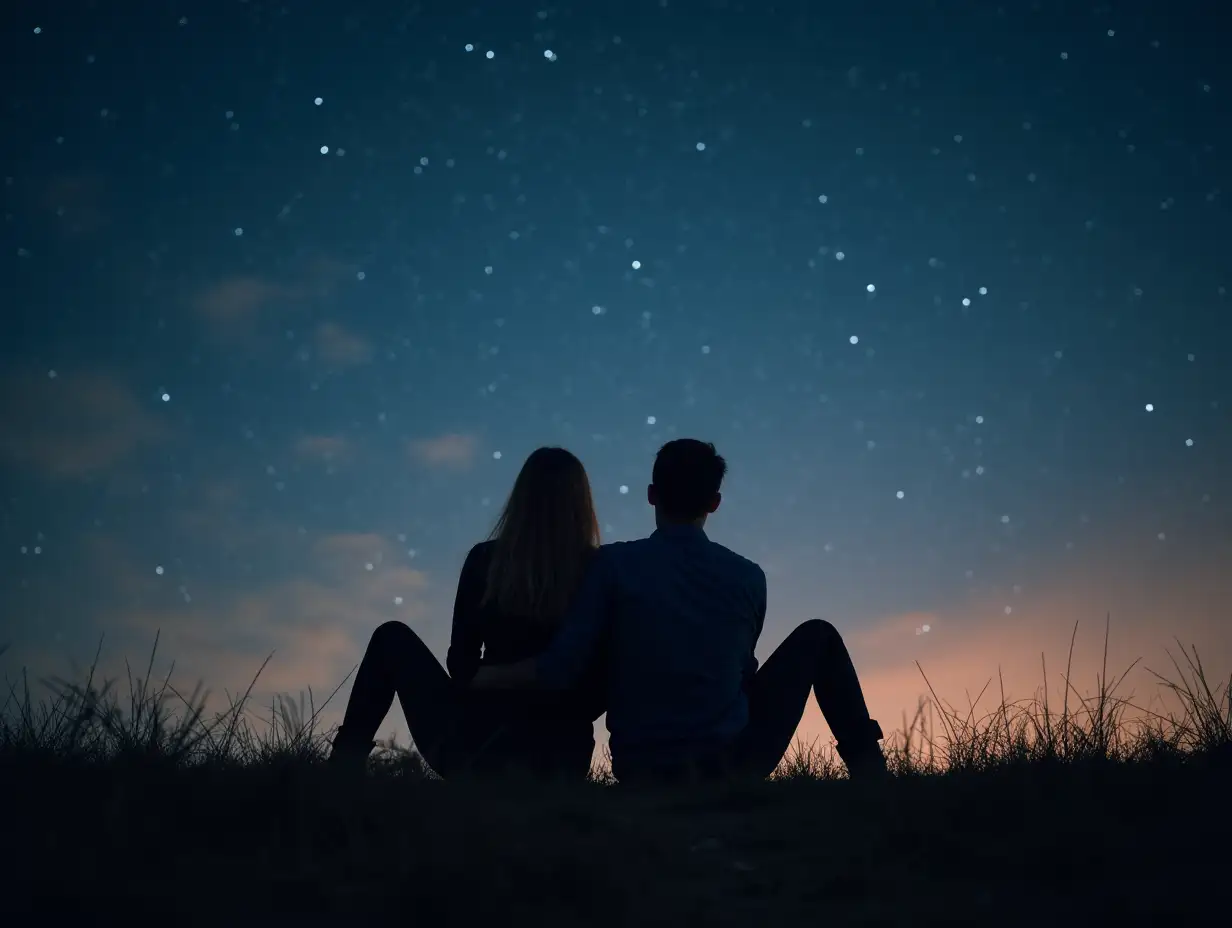 On a hill, a couple with their backs to each other, sitting with knees bent, and stars shining all around.