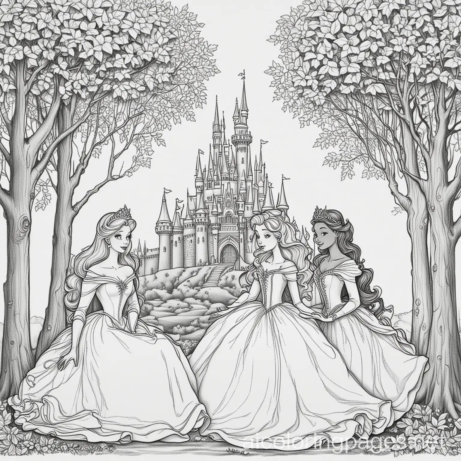 Princess-Coloring-Page-with-Castle-and-Trees