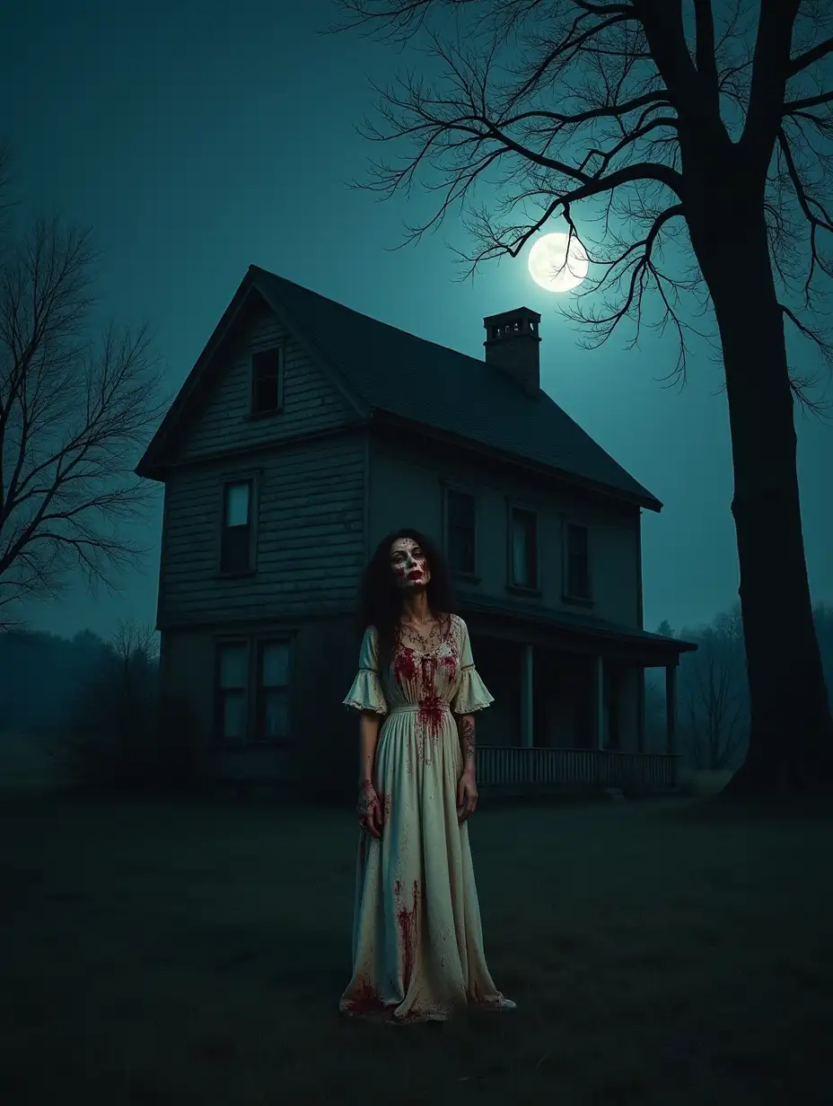 A female ghost is in an old dirty and shabby house, with a bloody face and blood-stained clothes. There is a big tree, in the quiet night under the full moon.